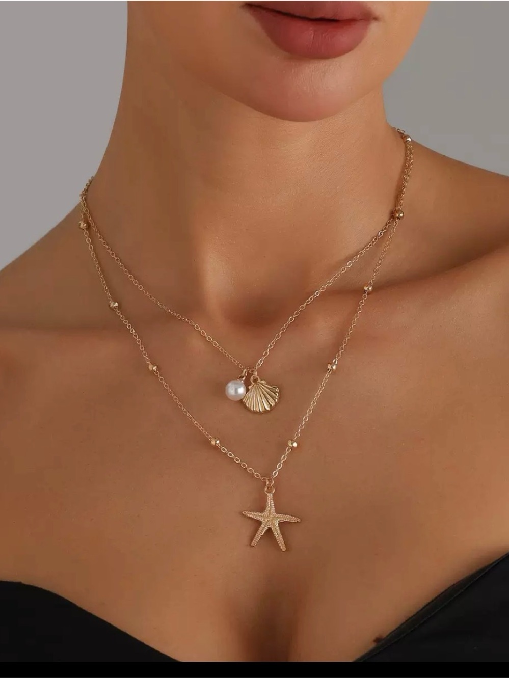 NEW!! Gold Coastal Beach Layered Starfish & Shell Necklace with Pearl Accent